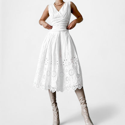 Dressbarn White Lace Knee Length VNeck Sundress Flared Skater Dress Size 6/S