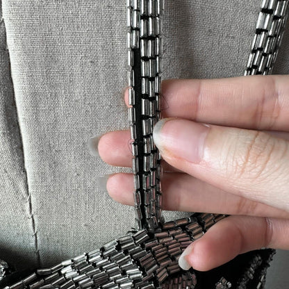 Vintage Black White Silk Floral Beaded Maxi Bodycon Formal Cocktail Dress M