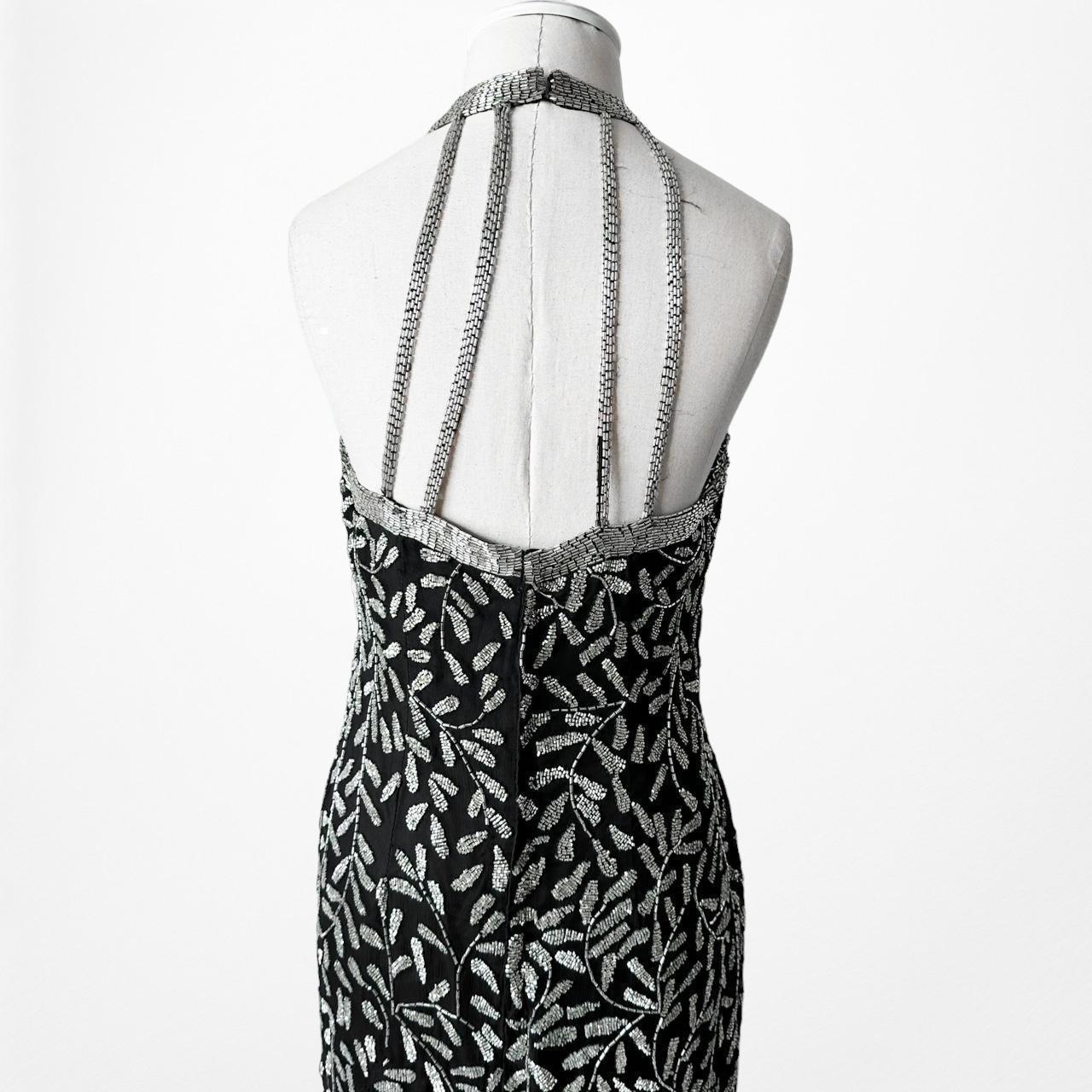 Vintage Black White Silk Floral Beaded Maxi Bodycon Formal Cocktail Dress M