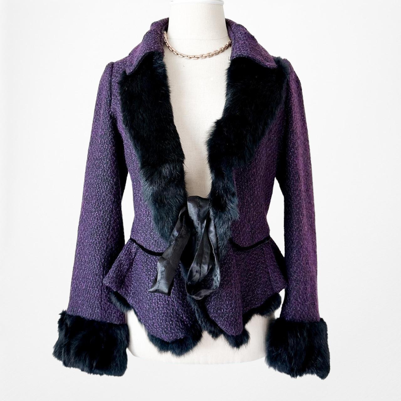 Lulumari Purple Tweed Faux Fur Lined Peplum Blazer Jacket Coat Cardigan Size S