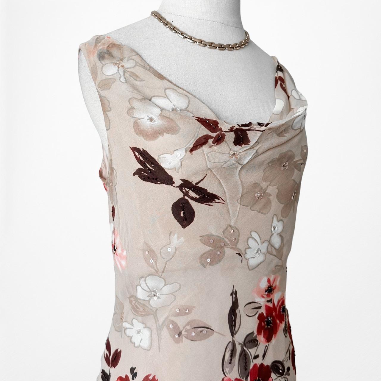 Vintage Silk Brown Red Floral Slip On Beaded Ruffle Maxi Formal Cocktail Dress S/M