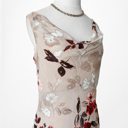 Vintage Silk Brown Red Floral Slip On Beaded Ruffle Maxi Formal Cocktail Dress S/M