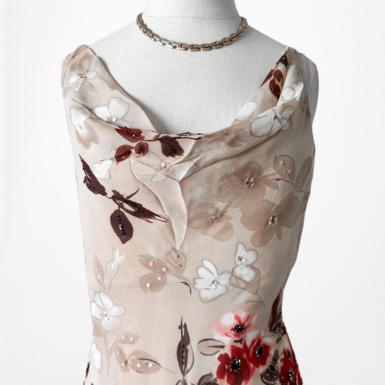 Vintage Silk Brown Red Floral Slip On Beaded Ruffle Maxi Formal Cocktail Dress S/M