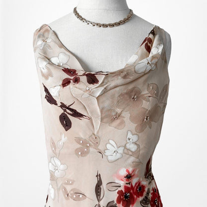 Vintage Silk Brown Red Floral Slip On Beaded Ruffle Maxi Formal Cocktail Dress S/M