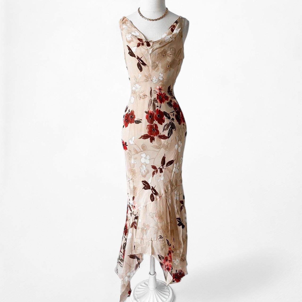 Vintage Silk Brown Red Floral Slip On Beaded Ruffle Maxi Formal Cocktail Dress S/M