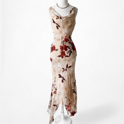 Vintage Silk Brown Red Floral Slip On Beaded Ruffle Maxi Formal Cocktail Dress S/M