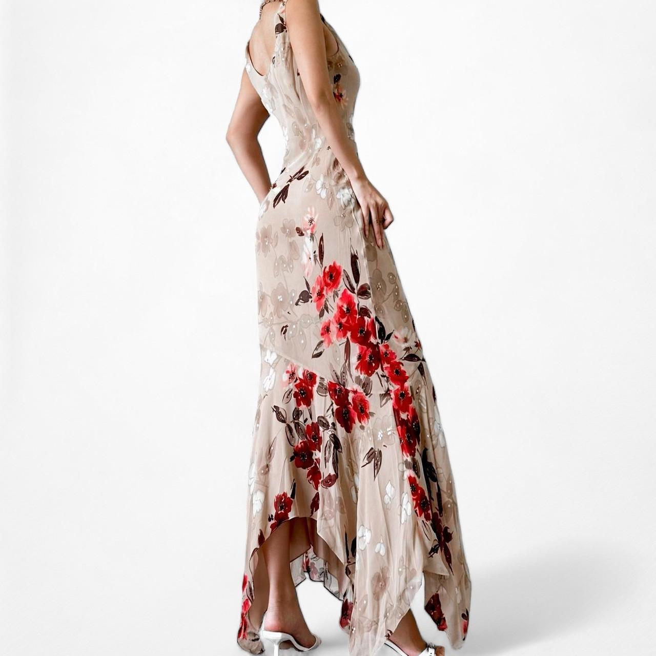 Vintage Silk Brown Red Floral Slip On Beaded Ruffle Maxi Formal Cocktail Dress S/M