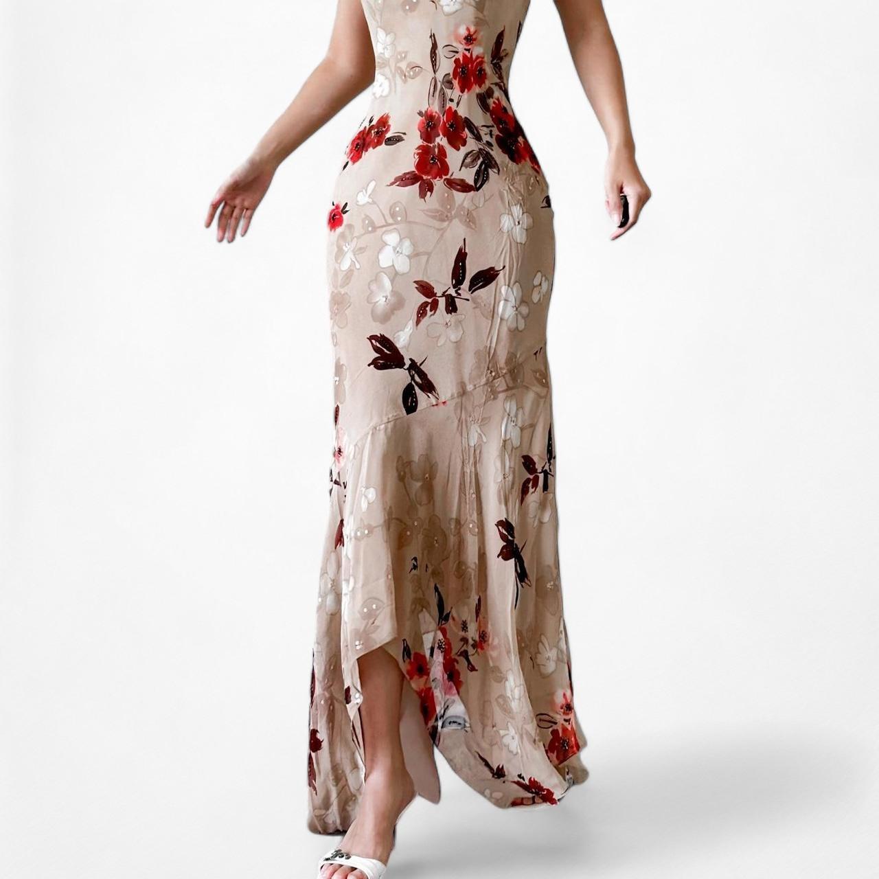 Vintage Silk Brown Red Floral Slip On Beaded Ruffle Maxi Formal Cocktail Dress S/M