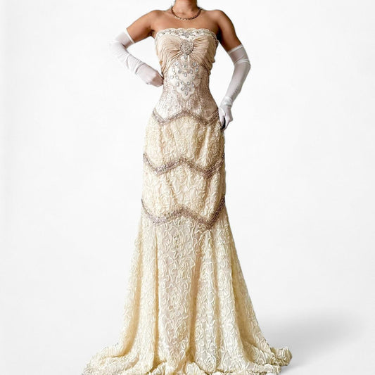 Vintage Off White Strapless Silk Beaded Lace Ruffle Fit Flared Maxi Prom Cocktail Formal Dress Size M