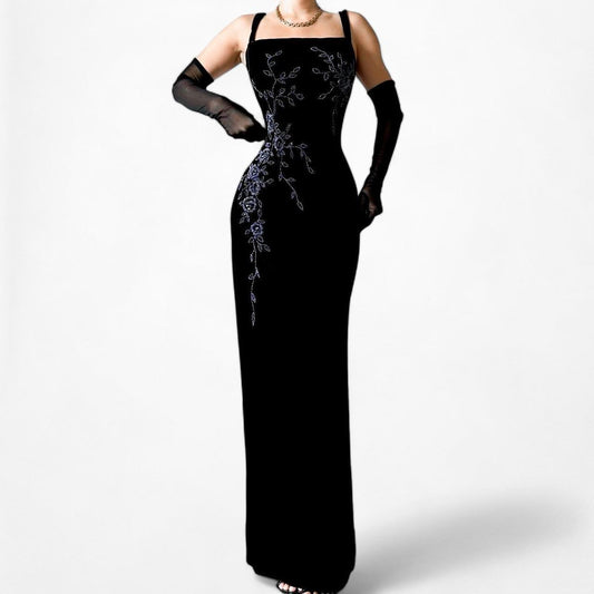 Vintage Black Floral Beaded Knit Velvet Bodycon Maxi Cocktail Formal Prom Dress Size L