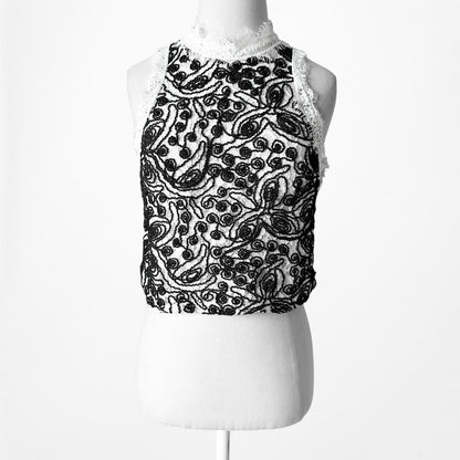 Zara Black White Floral Lace Sheer Mock Neck Crop Top Blouse Size XS/S
