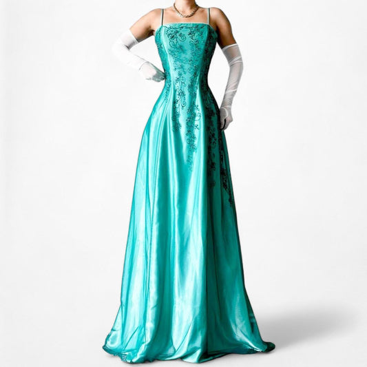 Vintage Blue Floral Beaded Fit Flared Maxi Satin Formal Cocktail Prom Dress Size S