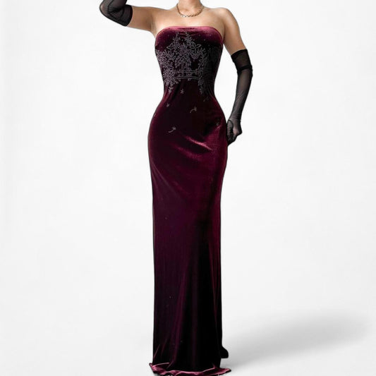 Vintage Burgundy Red Knit Velvet Beaded Strapless Side Slit Maxi Bodycon Formal Cocktail Prom Dress Size S/M