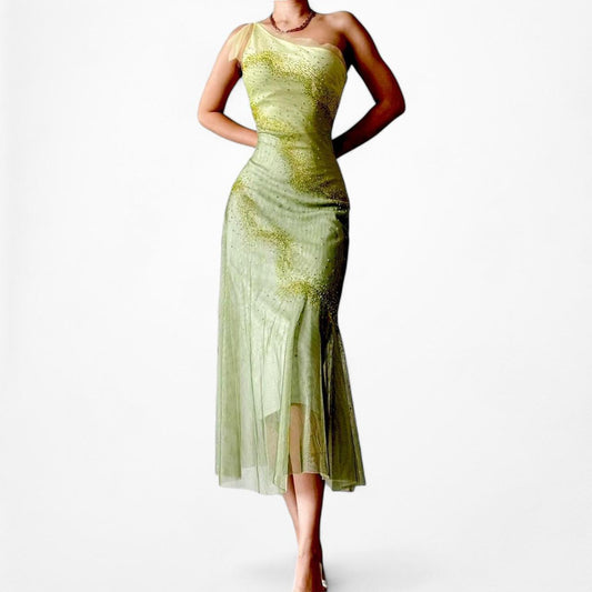 Vintage Green One Shoulder Mesh Midi Beaded Fit Flared Cocktail Formal Prom Dress Size S