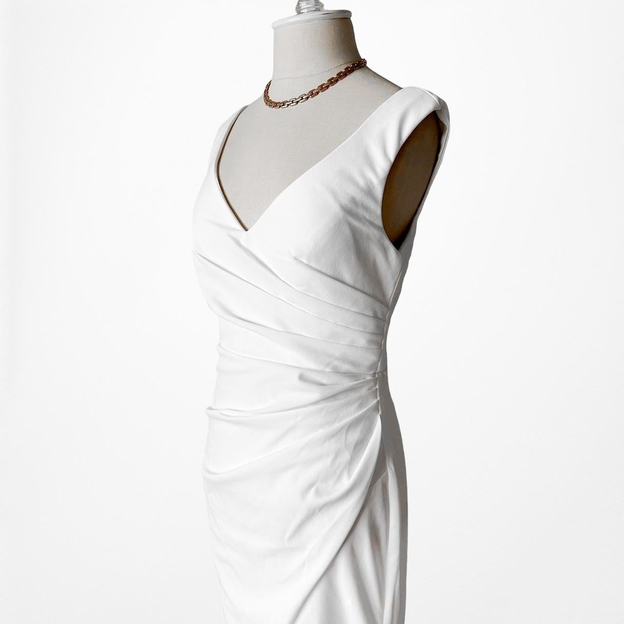 White Pleated V-Neck Maxi Bodycon Side Slit Train Wedding Prom Dress Size M/L