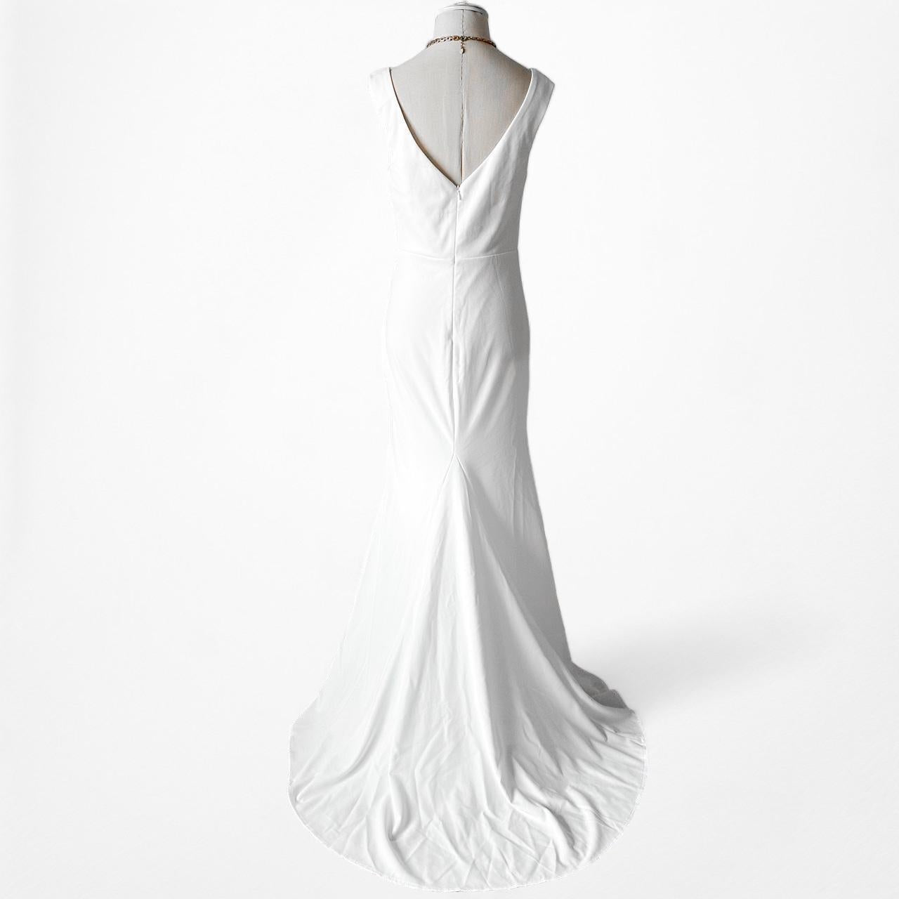 White Pleated V-Neck Maxi Bodycon Side Slit Train Wedding Prom Dress Size M/L