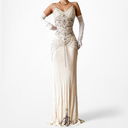 Vintage Off White Cream Beaded Silk Maxi Bodycon Prom Cocktail Dress Size M/L