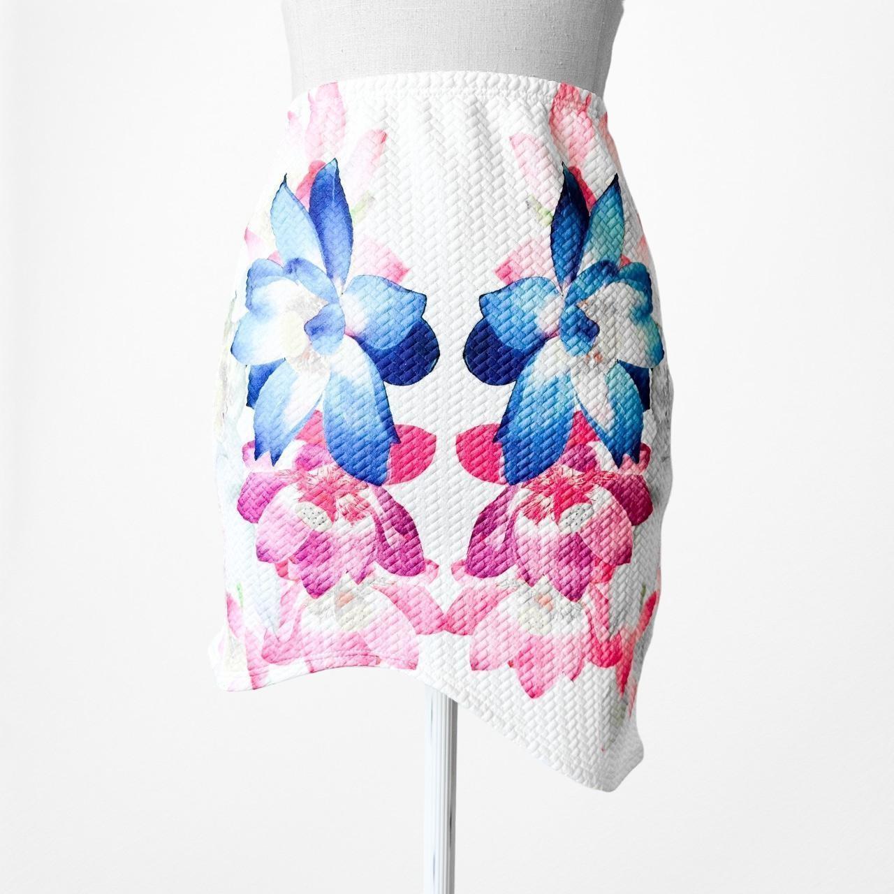 White Blue Pink Knit Floral Mini Bodycon Asymmetric High Waisted Skirt S