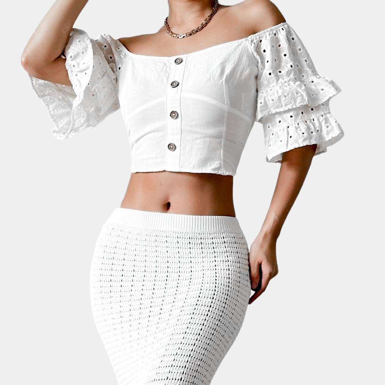 Zara White Off The Shoulder Button Front Ruffle Lace Bustier Crop Top Size S