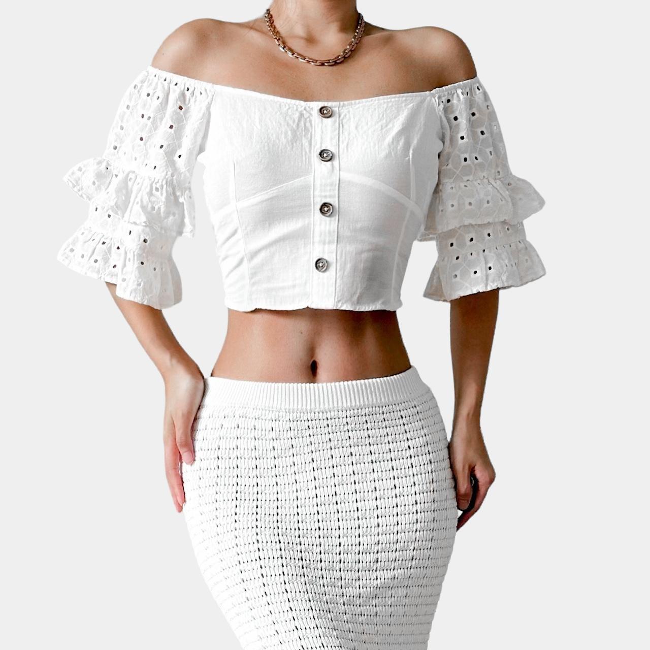 Zara White Off The Shoulder Button Front Ruffle Lace Bustier Crop Top Size S