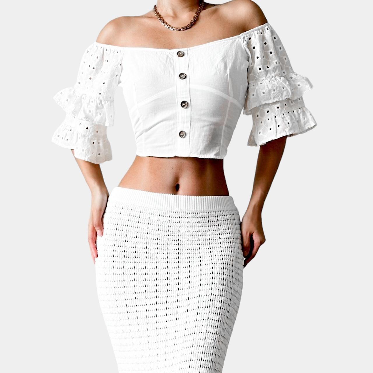 Zara White Off The Shoulder Button Front Ruffle Lace Bustier Crop Top Size S