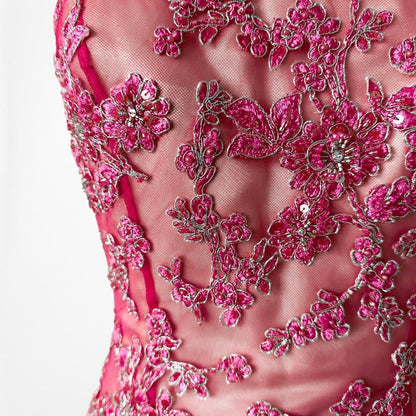 Pink Strapless Floral Beaded Mesh Fit Flared Maxi Formal Cocktail Prom Dress Size S