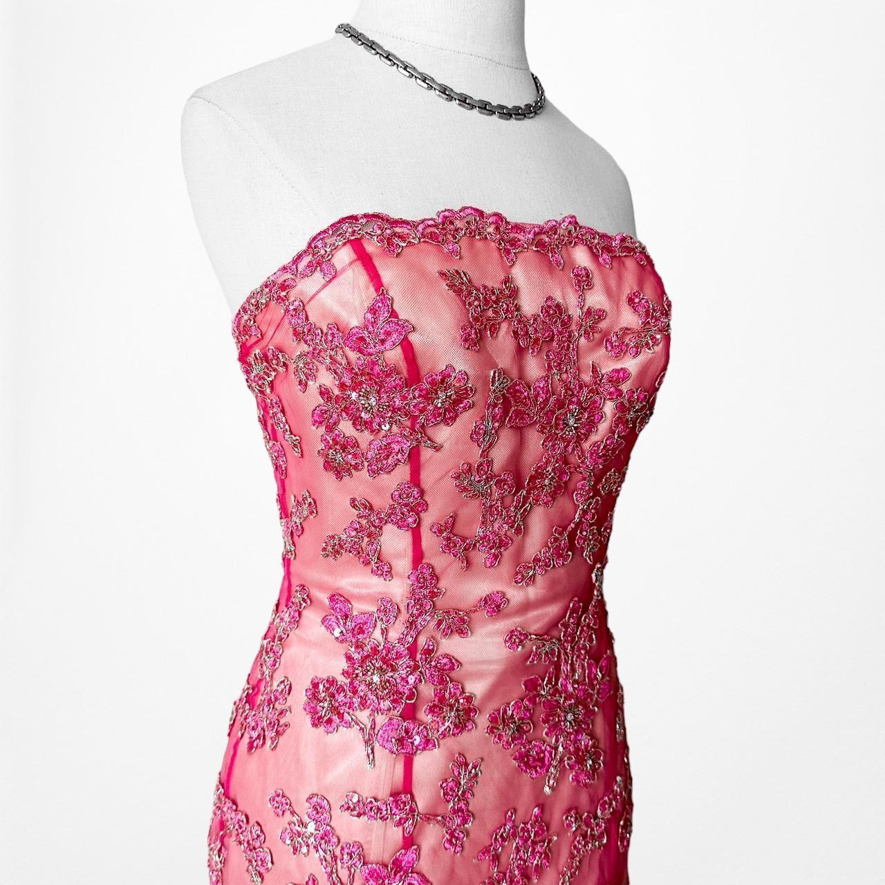 Pink Strapless Floral Beaded Mesh Fit Flared Maxi Formal Cocktail Prom Dress Size S