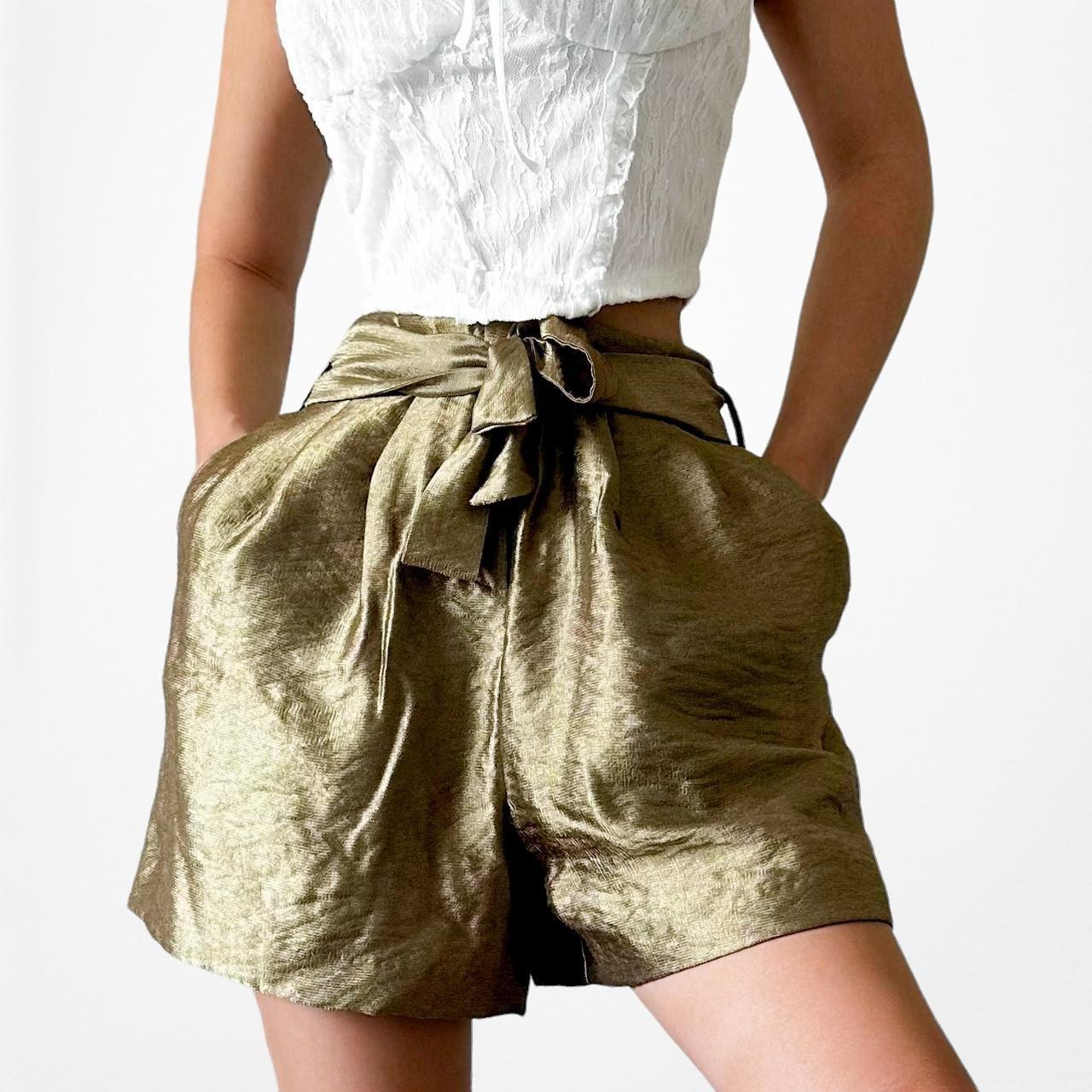 Zara Olive Green High Waisted Paperbag Pleated Metallic Shorts Size XS/S