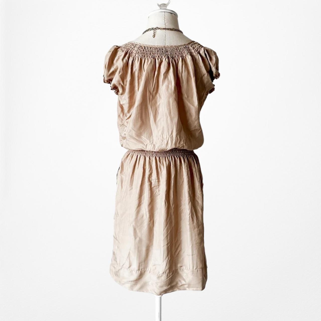 Talbots Silk Brown Beige Puffy Sleeve Knee Length Boho Shift Dress Size S/M