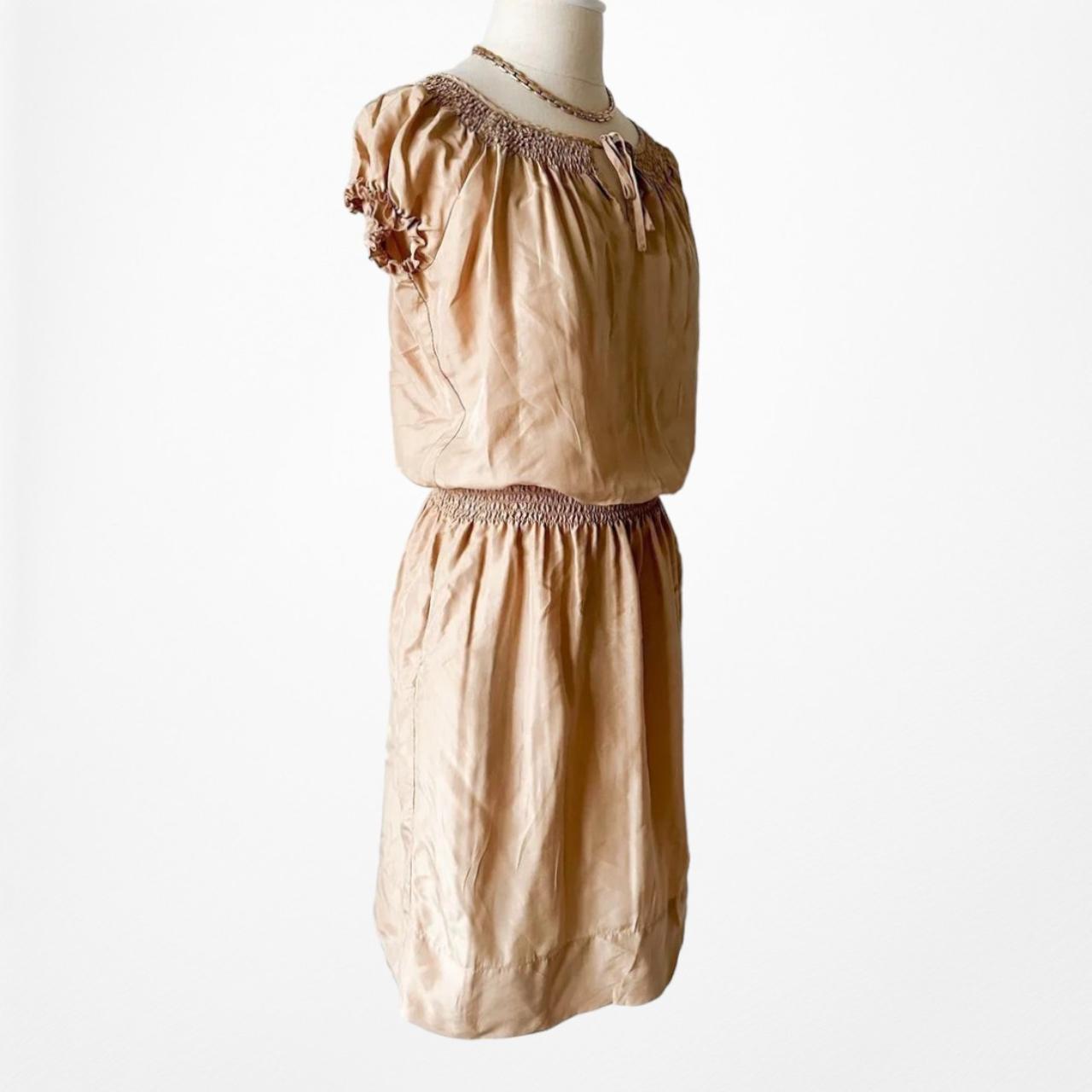 Talbots Silk Brown Beige Puffy Sleeve Knee Length Boho Shift Dress Size S/M