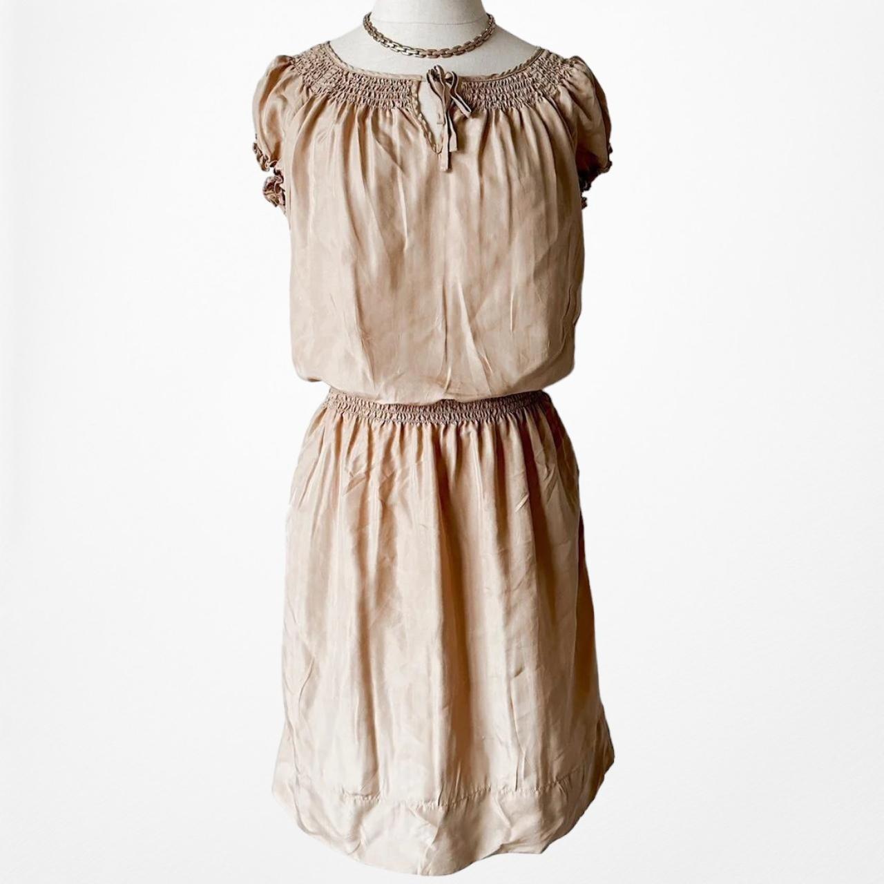 Talbots Silk Brown Beige Puffy Sleeve Knee Length Boho Shift Dress Size S/M