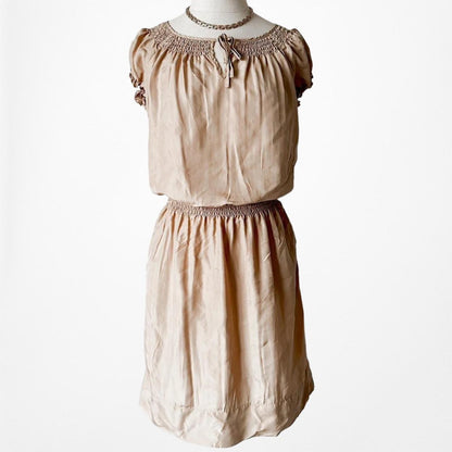 Talbots Silk Brown Beige Puffy Sleeve Knee Length Boho Shift Dress Size S/M