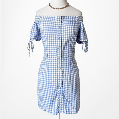Endless Rose Blue Off The Shoulder Checkered Plaid Button Down Mini Dress Size S