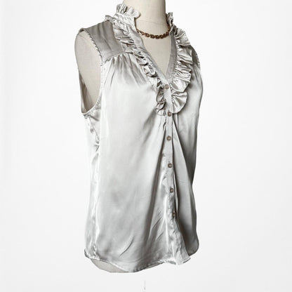New York & Company Gold Silver Ruffle Button Down Tank Top Blouse Size S