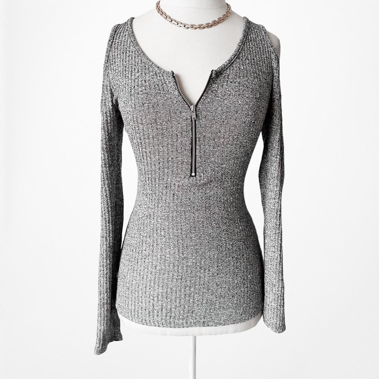 Fashion Nova Gray Ribbed Knit Cutout Long Sleeve Zipper Sweater Top Size XS/S/M