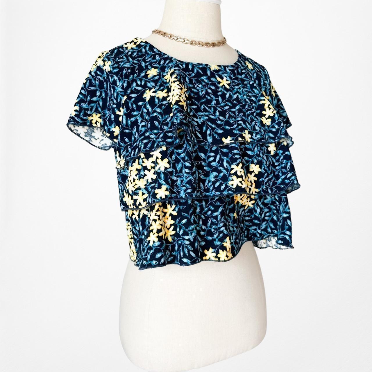 Zara Blue Yellow Short Sleeve Crewneck Floral Ruffle Crop Top XS