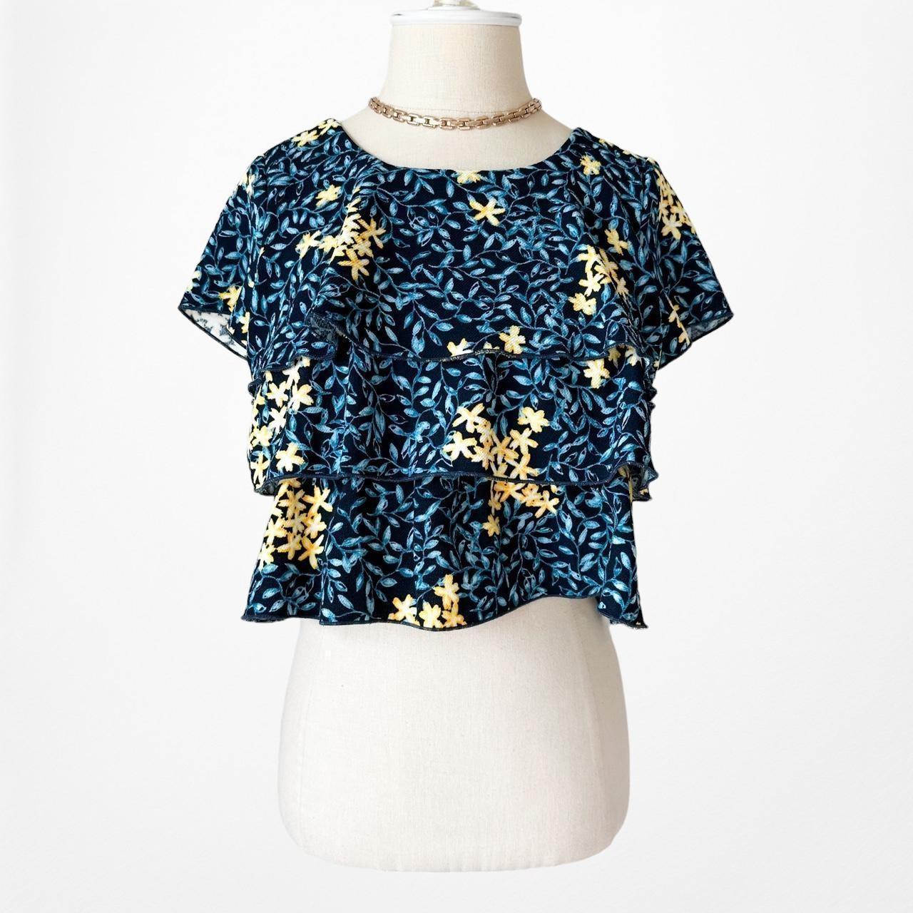 Zara Blue Yellow Short Sleeve Crewneck Floral Ruffle Crop Top XS