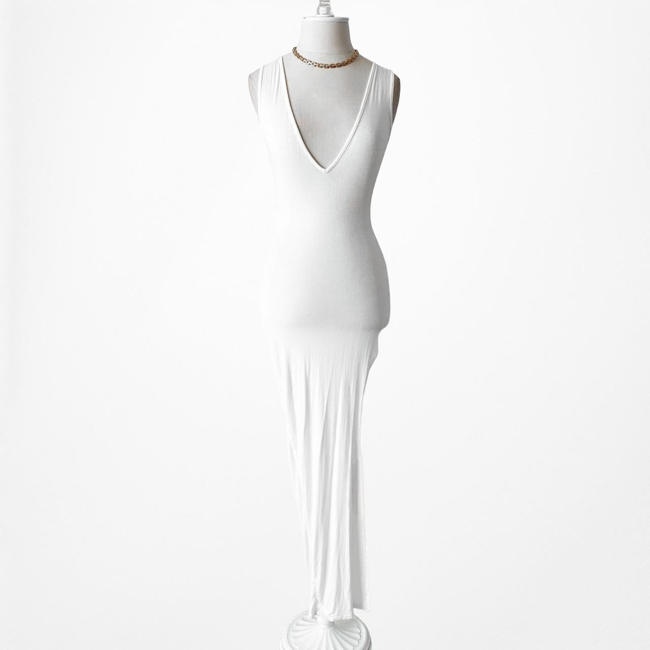 Nasty Gal White Knit V-Neck Side Slit Maxi Bodycon Cocktail Dress Size XS/S/M