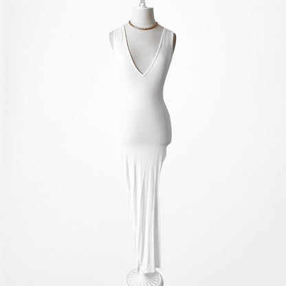 Nasty Gal White Knit V-Neck Side Slit Maxi Bodycon Cocktail Dress Size XS/S/M
