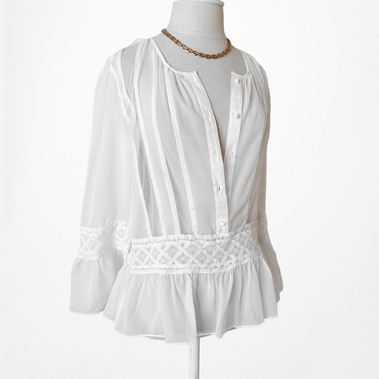 Candela White Sheer Lace Button Down Bell Sleeve Peplum Blouse Top Size XS