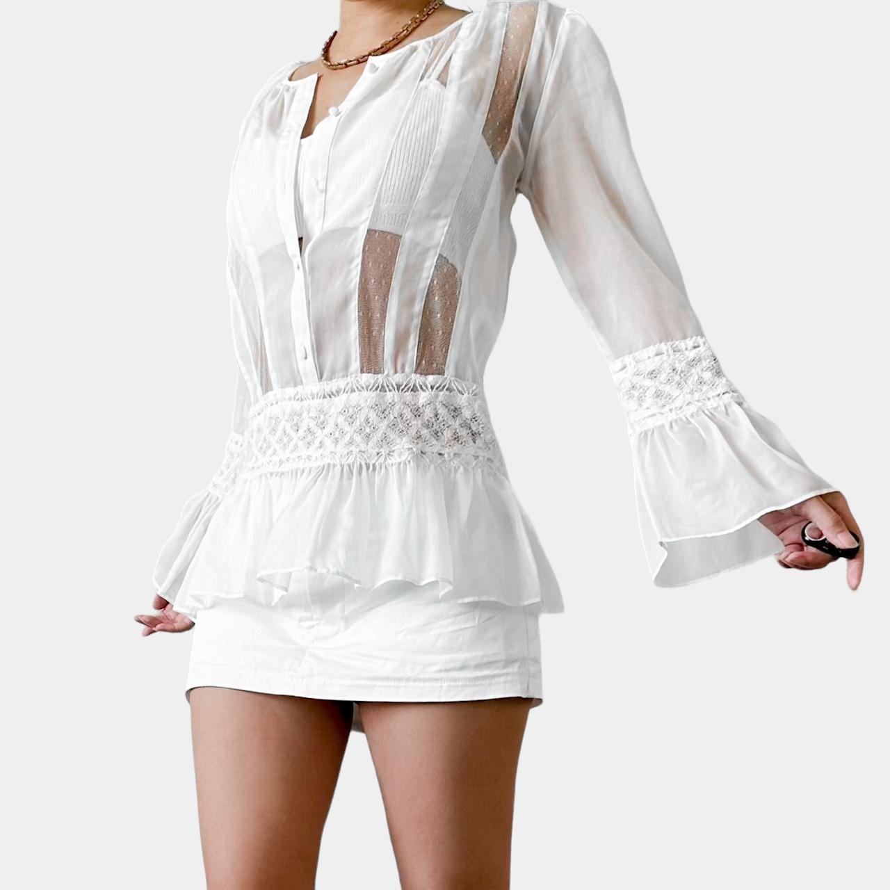 Candela White Sheer Lace Button Down Bell Sleeve Peplum Blouse Top Size XS