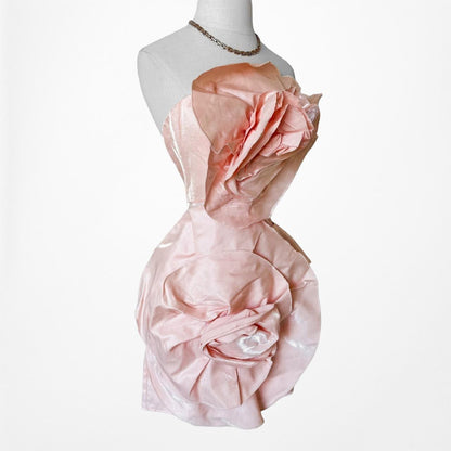 Pink Strapless Floral Pleated Mini Satin Bodycon Cocktail Dress Size S