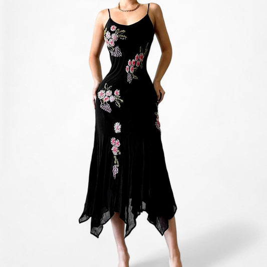 Vintage Black Silk Floral Beaded Embroidered Ruffle Midi Formal Cocktail Dress Size S