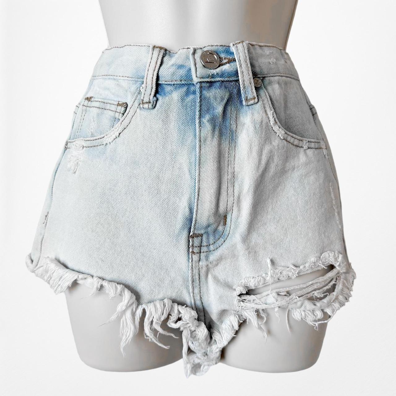 UNIF Blue Light Wash High Waisted Distressed Destroyed Denim Shorts Size 24/XS/S