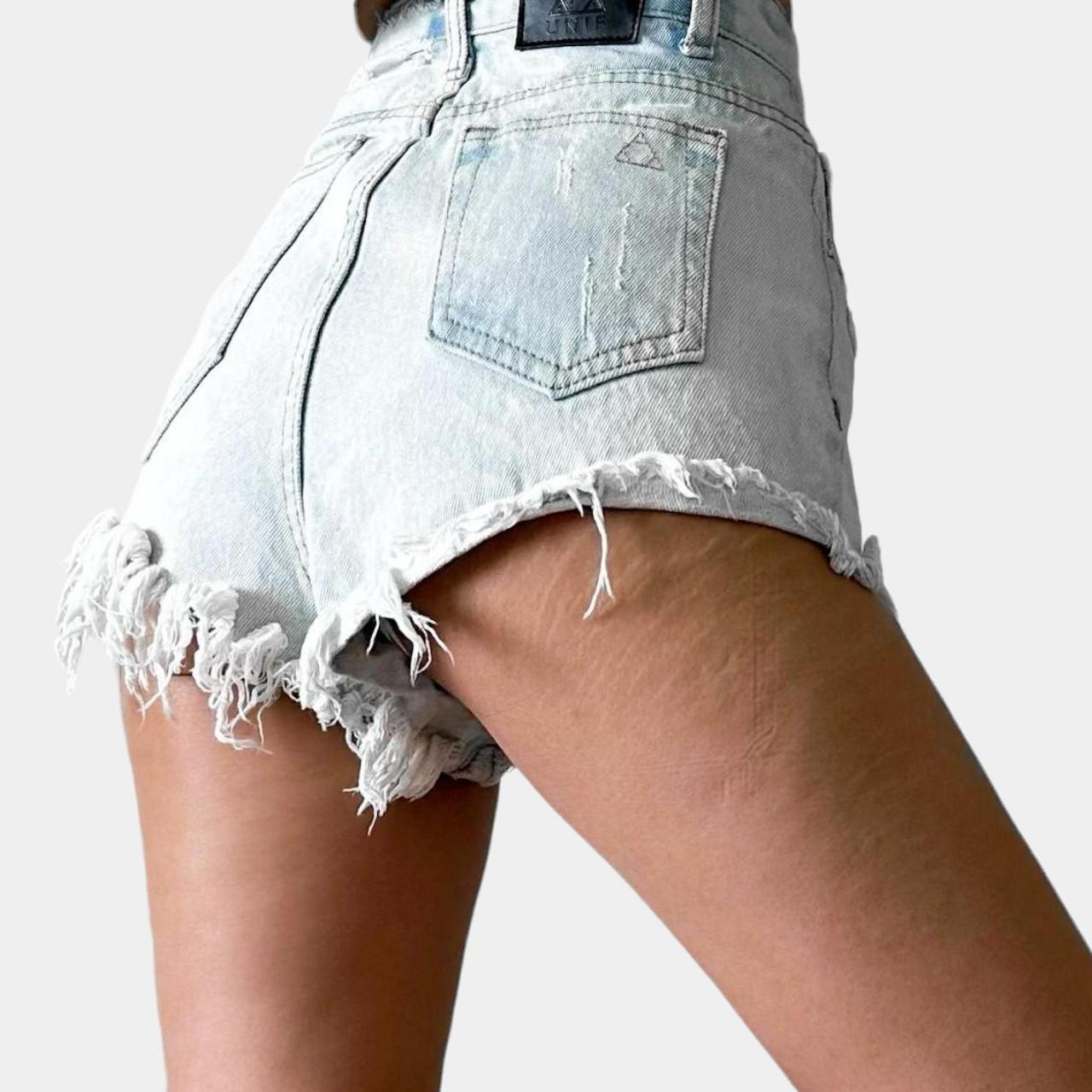 UNIF Blue Light Wash High Waisted Distressed Destroyed Denim Shorts Size 24/XS/S