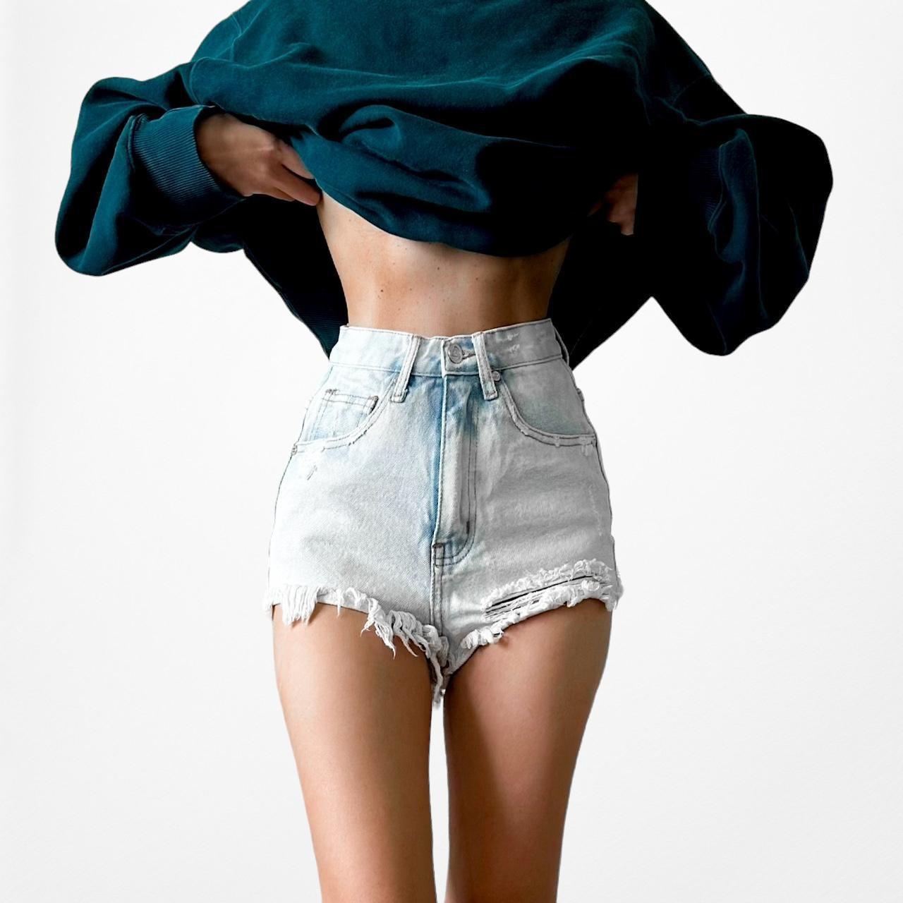 UNIF Blue Light Wash High Waisted Distressed Destroyed Denim Shorts Size 24/XS/S