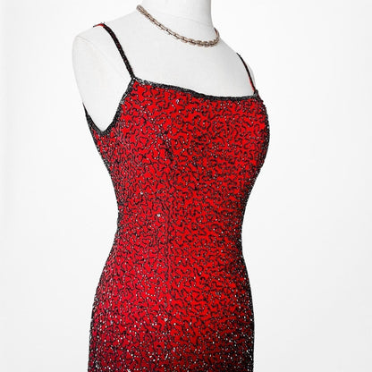 Vintage Burgundy Red Silk Beaded Ombre Bodycon Maxi Prom Dress Size S