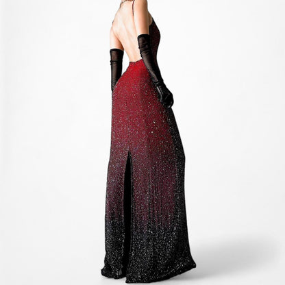 Vintage Burgundy Red Silk Beaded Ombre Bodycon Maxi Prom Dress Size S