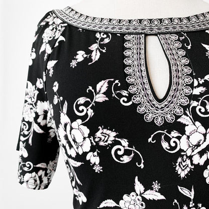 Black White Printed Knee Length Boho Knit Shift Sheath Casual Dress Size M