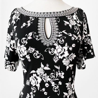 Black White Printed Knee Length Boho Knit Shift Sheath Casual Dress Size M